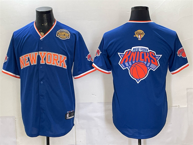 Men's New York Knicks Team Big Logo Royal 2026 Finals & Eastern Conference Champions Patch Stitched Baseball Jersey Men's New York Knicks Team Big Logo Royal 2026 Finals & Eastern Conference Champions Patch Stitched Baseball Jersey